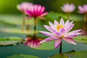 rosado loto flores en el agua. generado por ai foto