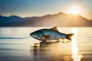 a fish is floating on the water at sunset. AI-Generated photo