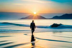 a man walking on the beach at sunset. AI-Generated photo