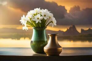 a vase with white flowers and a vase with a vase. AI-Generated photo