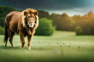 un león caminando en un campo. generado por ai foto