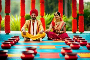 un Pareja en tradicional indio atuendo sentar en un vistoso piso. generado por ai foto