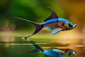 a fish with a blue and orange body is reflected in the water. AI-Generated photo