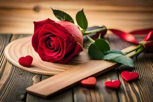 a red rose and hearts on a wooden table. AI-Generated photo