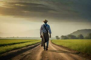 un hombre en un sombrero y traje caminando abajo un suciedad la carretera. generado por ai foto