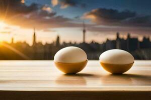 two eggs on a table in front of a cityscape. AI-Generated photo