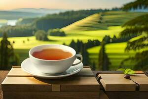 a cup of tea on a wooden table with a view of a green valley. AI-Generated photo