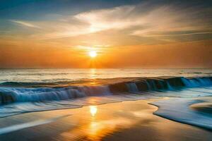 the sun rises over the ocean and waves. AI-Generated photo
