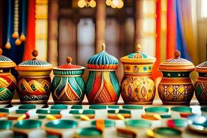 colorful ceramic pots on a table. AI-Generated photo