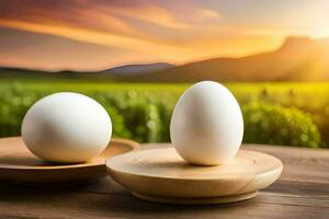 two eggs on a wooden stand in front of a sunset. AI-Generated photo