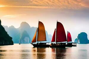 three boats are sailing in the water near mountains. AI-Generated photo