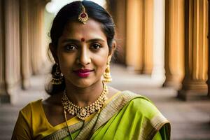 un mujer en un sari con oro joyas. generado por ai foto