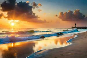 the sun rises over the ocean and the waves crash into the shore. AI-Generated photo