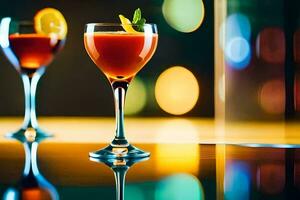 two glasses of red and orange cocktail on a table. AI-Generated photo