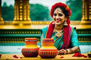 a woman in traditional sari poses with two pots. AI-Generated photo