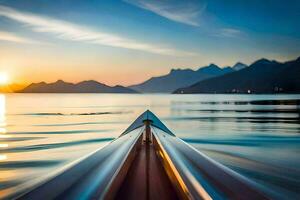 un canoa es visto en el agua a puesta de sol. generado por ai foto