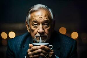 un más viejo hombre Bebiendo café. generado por ai foto