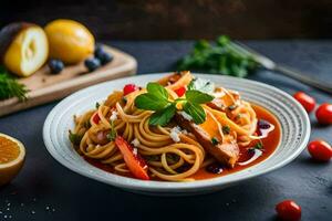 pasta with tomato sauce and vegetables on a dark background. AI-Generated photo