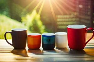 five different colored coffee cups on a wooden table. AI-Generated photo