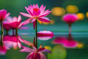 rosado loto flores en el agua con un brillante antecedentes. generado por ai foto