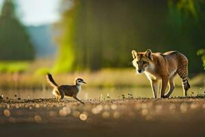 a fox and a bird walk together in the woods. AI-Generated photo