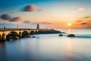 a long exposure photograph of a bridge and lighthouse at sunset. AI-Generated photo