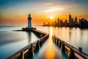 a lighthouse stands in the middle of a body of water. AI-Generated photo