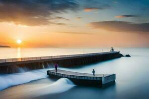 un hombre y mujer en pie en un muelle a puesta de sol. generado por ai foto