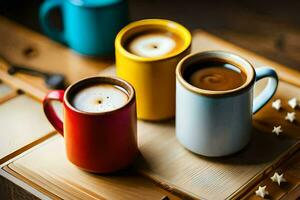 three coffee cups with different colors on a wooden table. AI-Generated photo