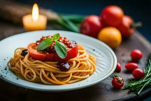 spaghetti with tomato and basil on a plate. AI-Generated photo