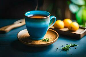 a cup of tea on a wooden table. AI-Generated photo