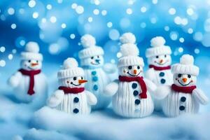 snowmen in hats and scarves are standing in a row. AI-Generated photo