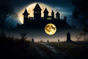 halloween castle with full moon and graveyard in the background. AI-Generated photo