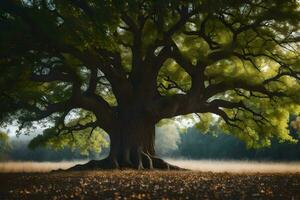 un antiguo roble árbol en el medio de un campo. generado por ai foto