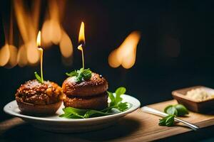 dos albóndigas en un plato con velas generado por ai foto