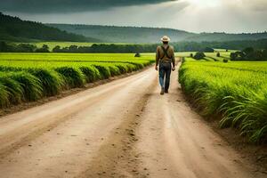 hombre caminando abajo un suciedad la carretera en un arroz campo. generado por ai foto