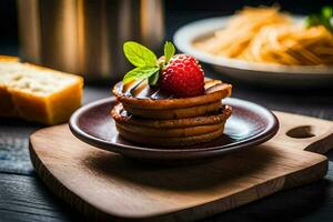 a plate with a strawberry and a pancake on it. AI-Generated photo