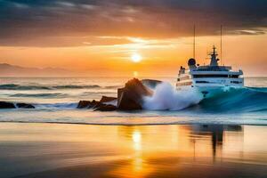 un yate en el Oceano a puesta de sol. generado por ai foto