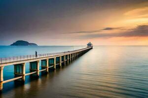 a long pier with a lighthouse at sunset. AI-Generated photo