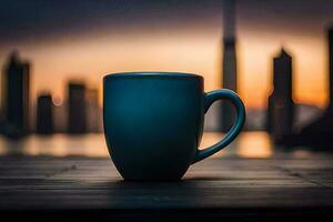 a coffee cup sits on a table in front of a city skyline. AI-Generated photo