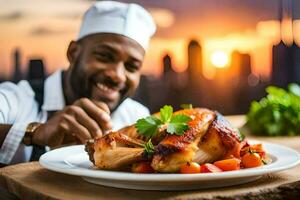 un cocinero es participación un plato de pollo en un mesa. generado por ai foto