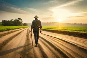 un hombre caminando abajo un suciedad la carretera con un caña. generado por ai foto