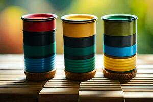Tres vistoso tazas sentado en un de madera mesa. generado por ai foto