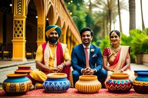 un Pareja y su amigos actitud para un foto con vistoso ollas. generado por ai