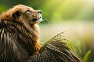 a lion is sitting in the grass with the sun shining. AI-Generated photo