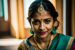 a woman in a sari with a green and pink necklace. AI-Generated photo