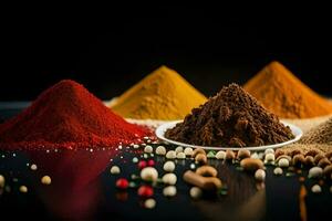 various spices and spices are shown on a black background. AI-Generated photo