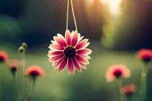 a pink flower hanging from a string in a field. AI-Generated photo