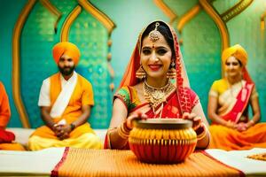 a woman in an indian outfit is holding a bowl. AI-Generated photo