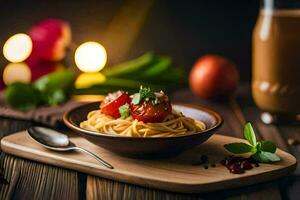 spaghetti with tomato and basil on a wooden table. AI-Generated photo